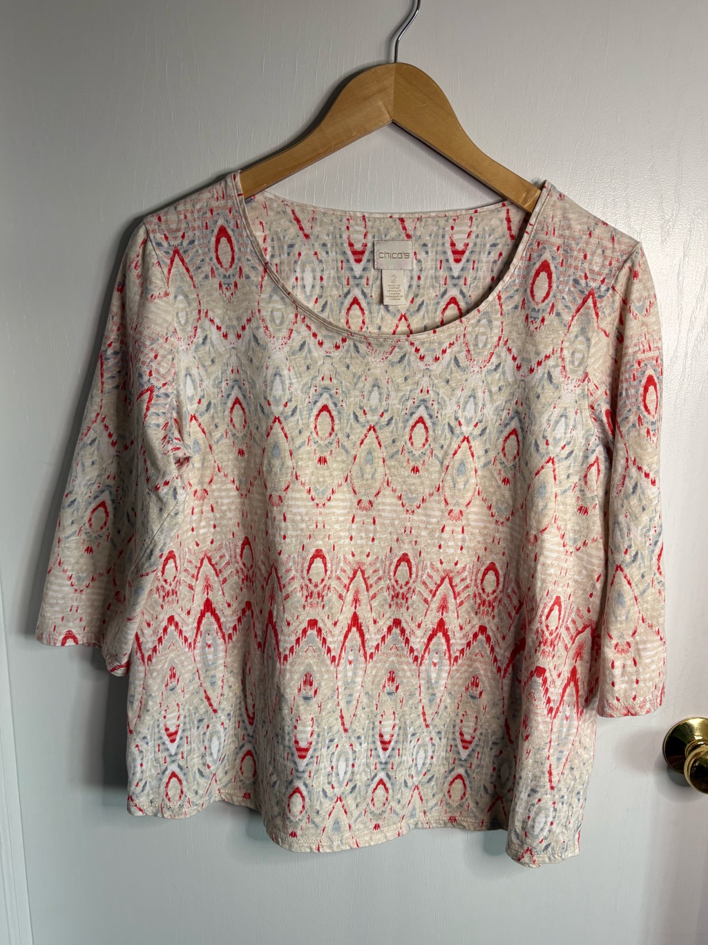 Chicos Ikat Knit Scoop Neck Pullover Top Sz L Boho Cotton 3/4 Sleeve